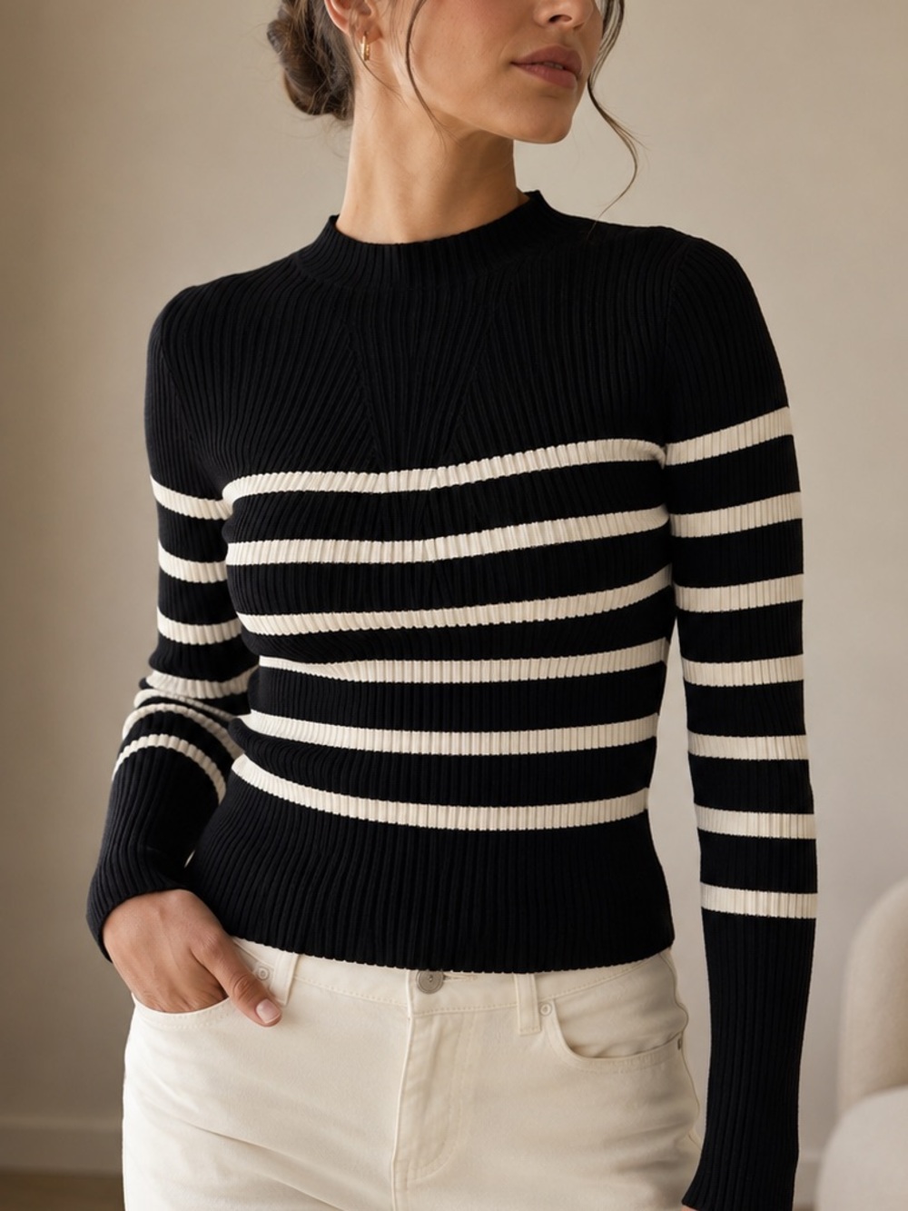 The Workshop Black & White Striped Ribbed Turtleneck Sweater